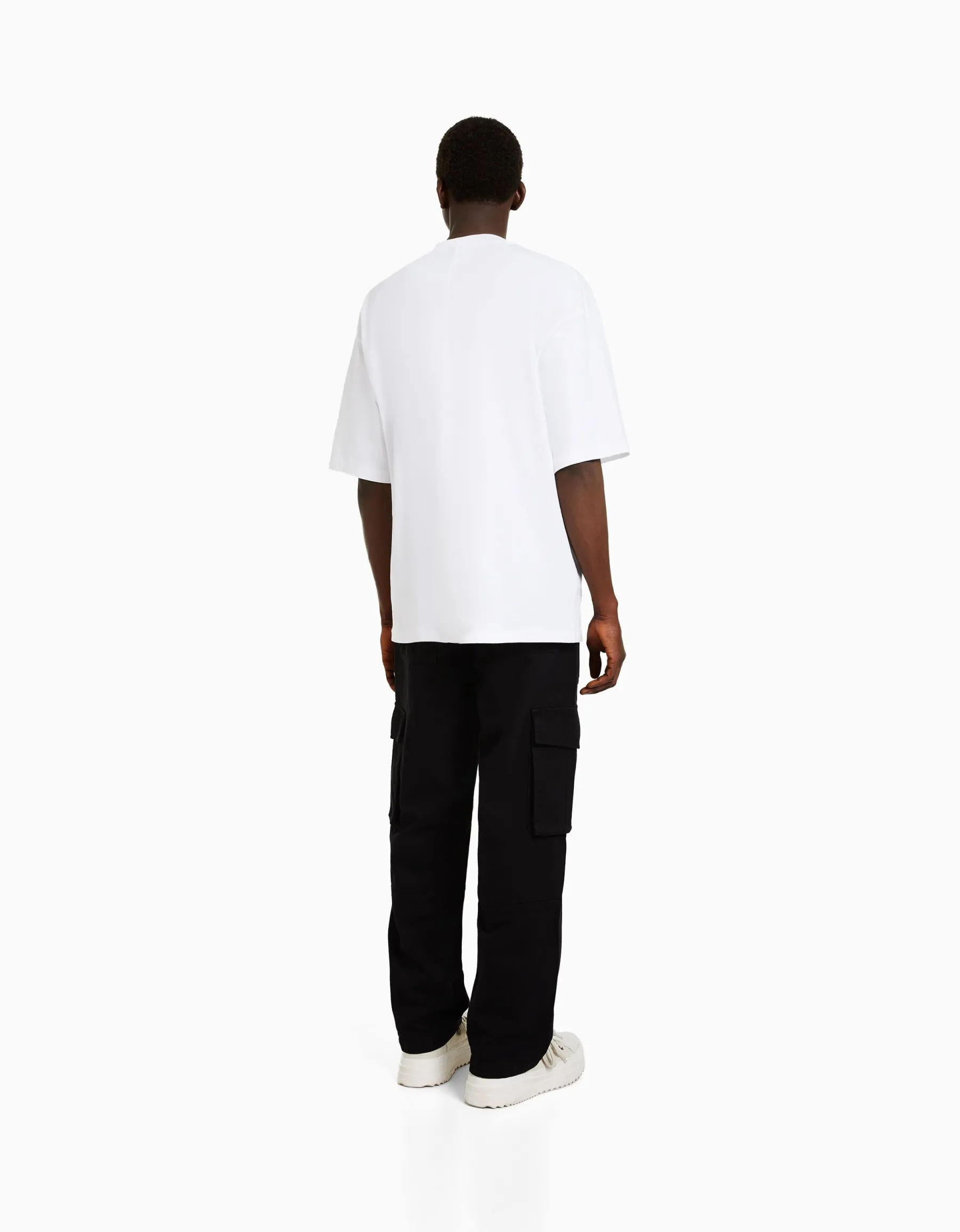 BERSHKA Pantalon cargo wide leg coton Noir Fashion