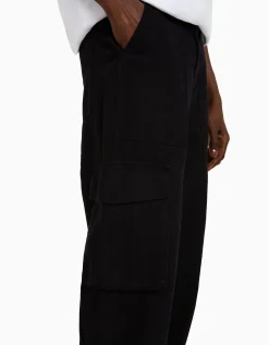 BERSHKA Pantalon cargo wide leg coton Noir Fashion
