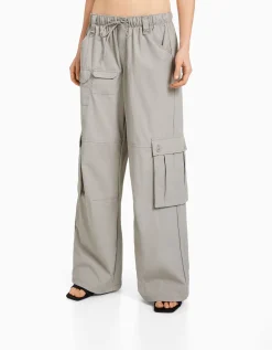 BERSHKA Pantalon cargo wide leg multipoches Gris New