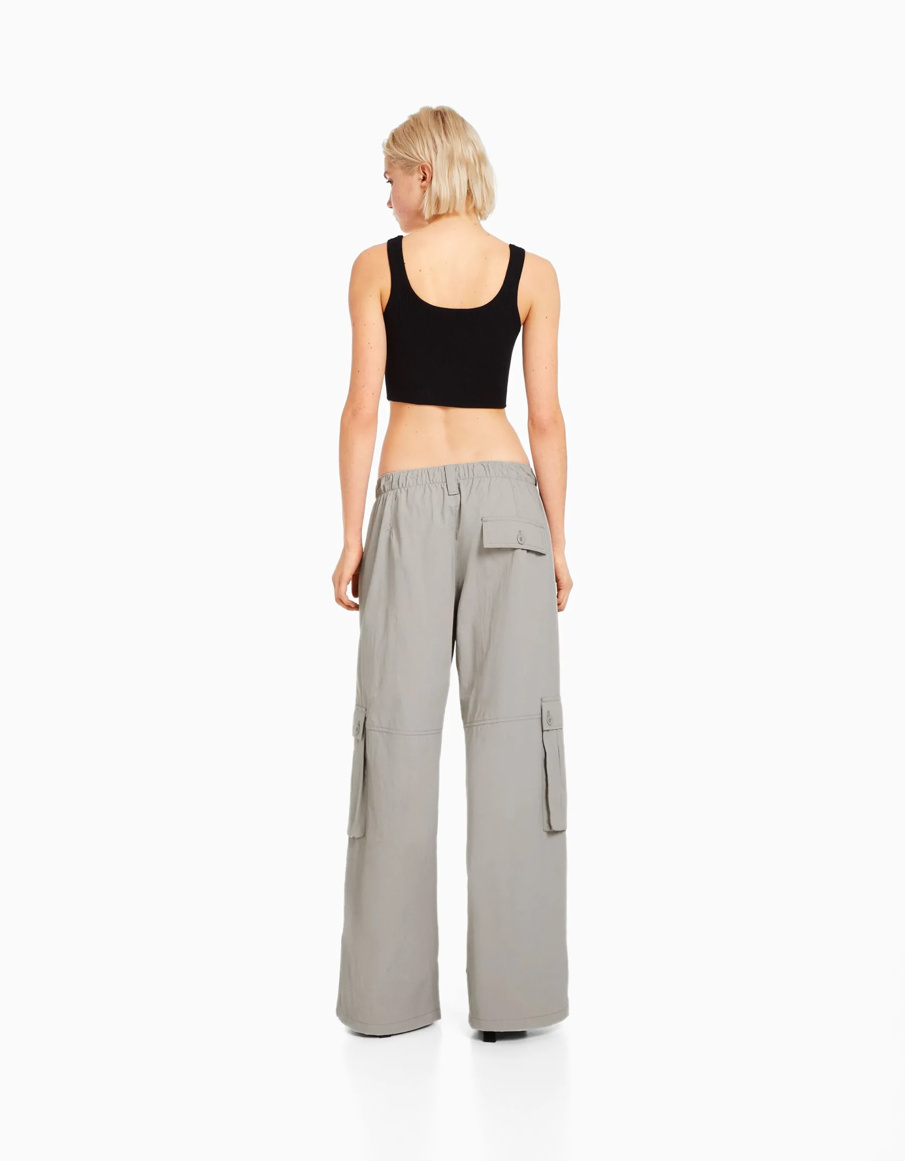 BERSHKA Pantalon cargo wide leg multipoches Gris New