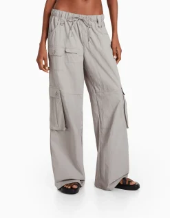 BERSHKA Pantalon cargo wide leg multipoches Kaki New
