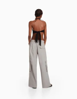 BERSHKA Pantalon cargo wide leg multipoches Kaki New