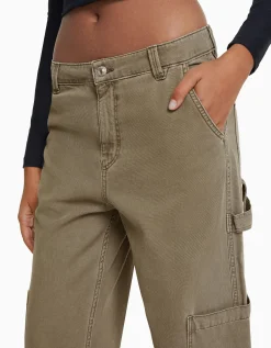 BERSHKA Pantalon carpenter loose fit toile Sable Outlet