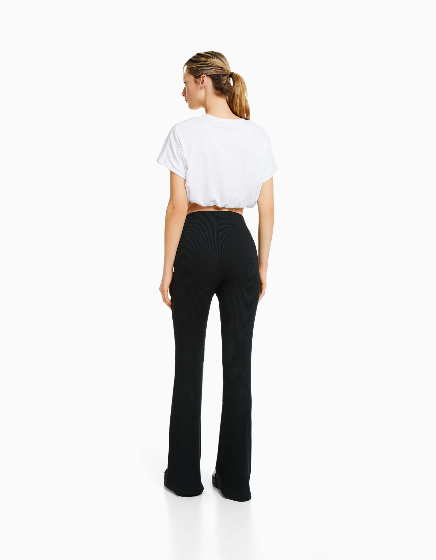 BERSHKA Pantalon flare bord-côte Gris Sale