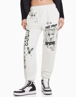 BERSHKA Pantalon jogger molleton imprimé Blanc Clearance