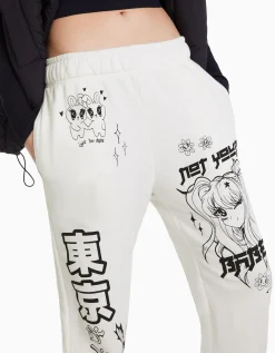 BERSHKA Pantalon jogger molleton imprimé Blanc Clearance