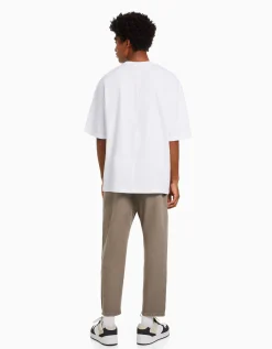 BERSHKA Pantalon loose rustique Blanc Discount