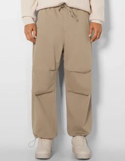 BERSHKA Pantalon parachute coton Camel Fashion