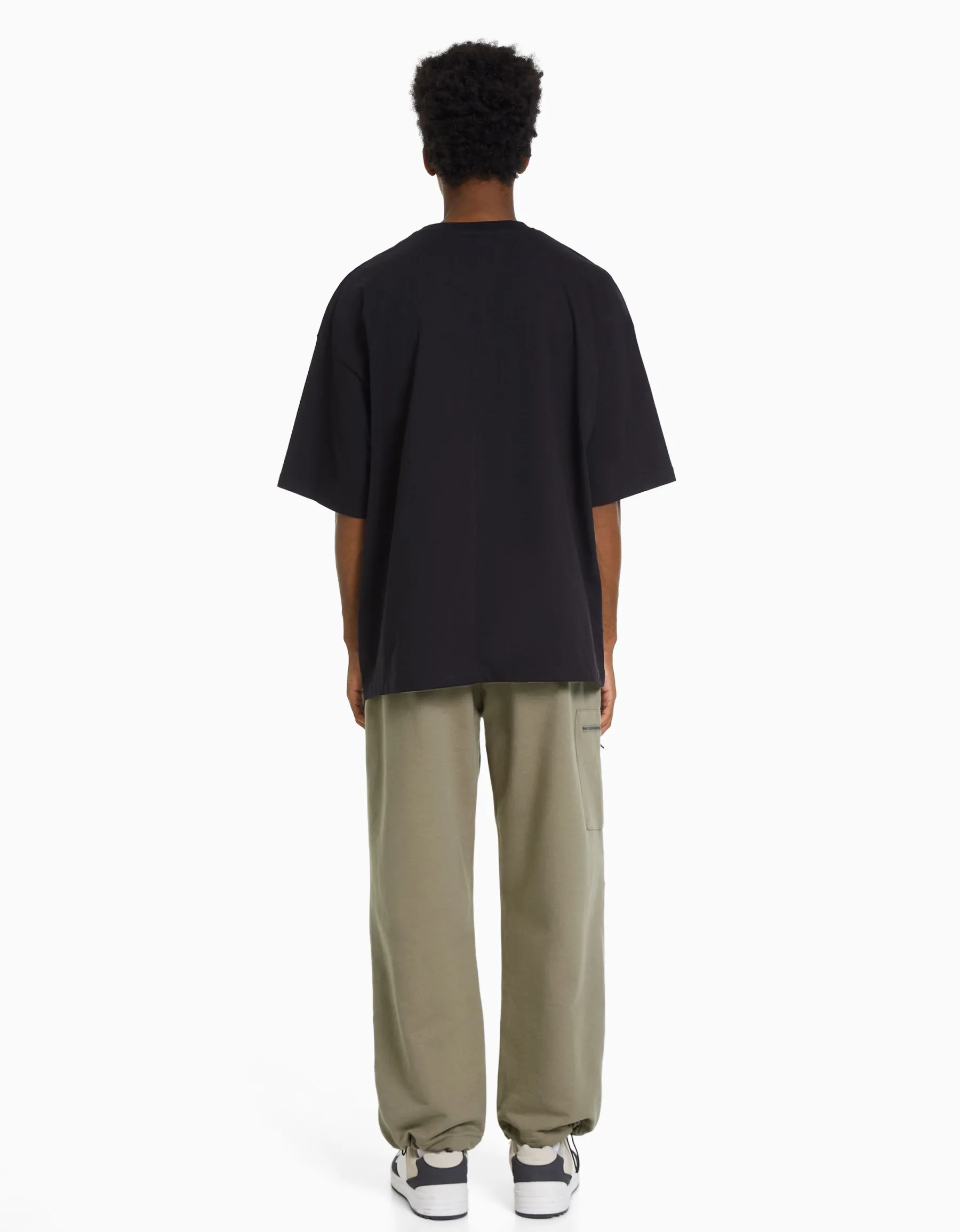 BERSHKA Pantalon parachute molleton poche fermeture Éclair Kaki Discount