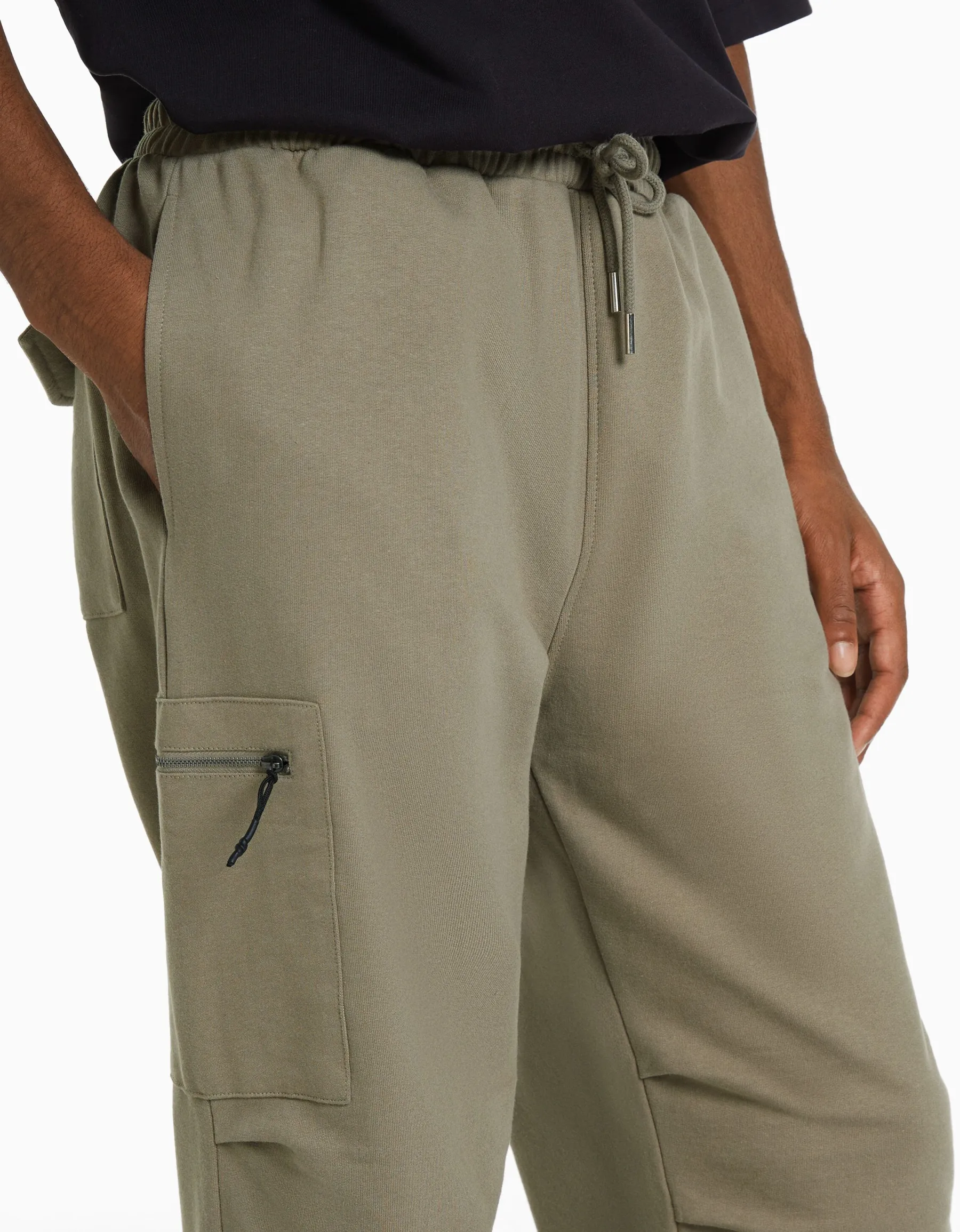 BERSHKA Pantalon parachute molleton poche fermeture Éclair Kaki Discount
