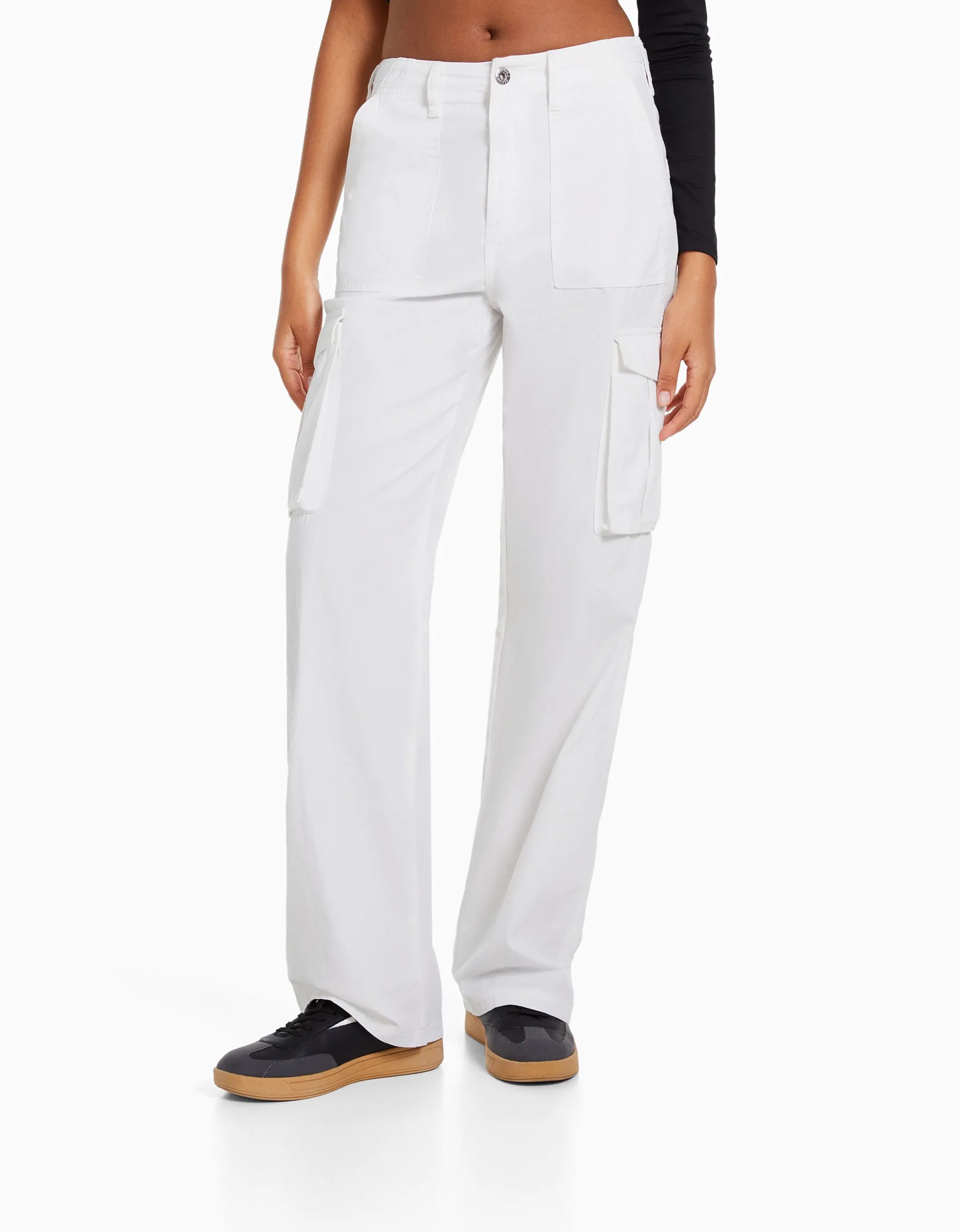 BERSHKA Pantalon straight cargo Blanc Sale