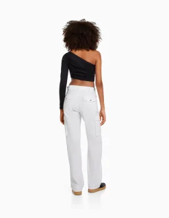 BERSHKA Pantalon straight cargo Blanc Sale