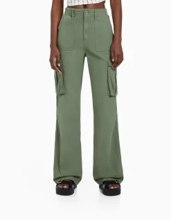BERSHKA Pantalon straight cargo réglable Blanc Flash Sale