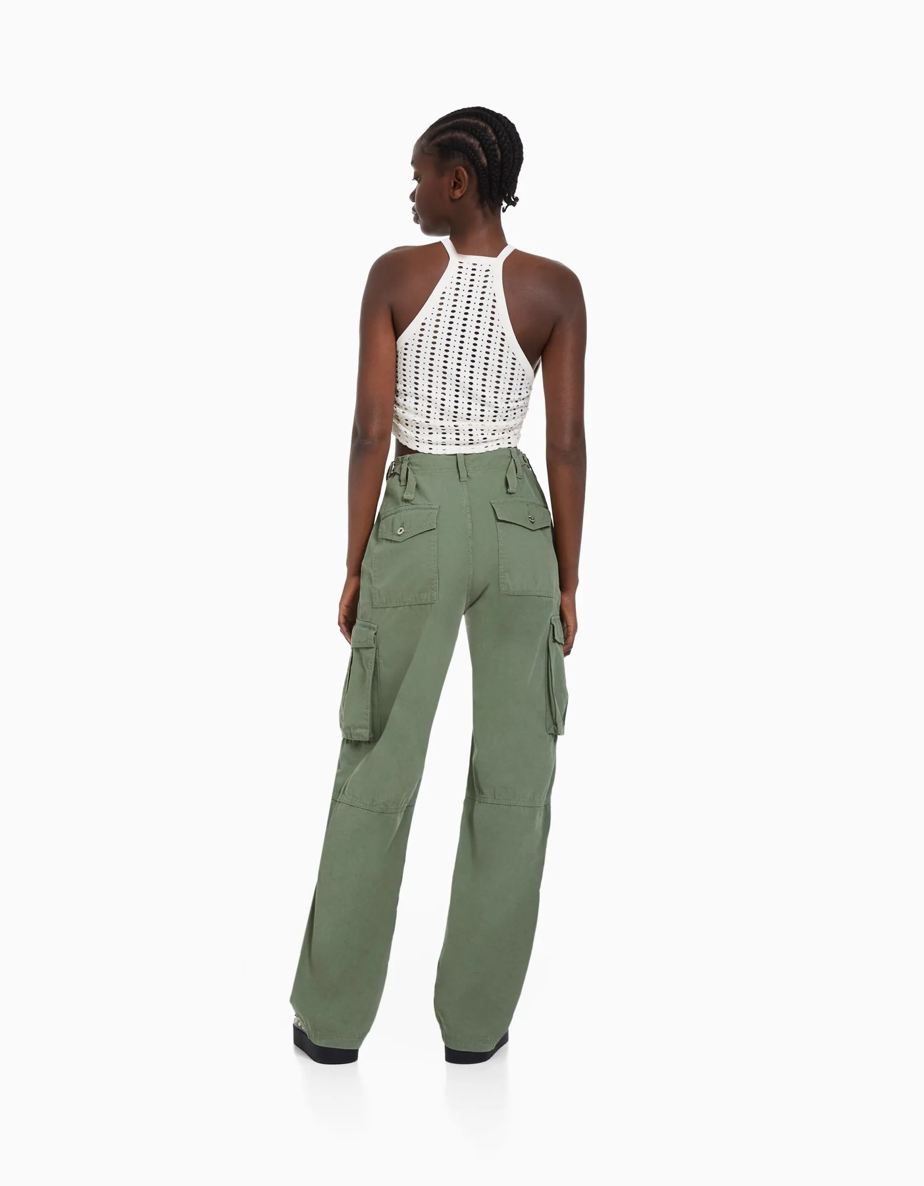 BERSHKA Pantalon straight cargo réglable Blanc Flash Sale
