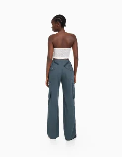 BERSHKA Pantalon straight cargo réglable Blanc Sale