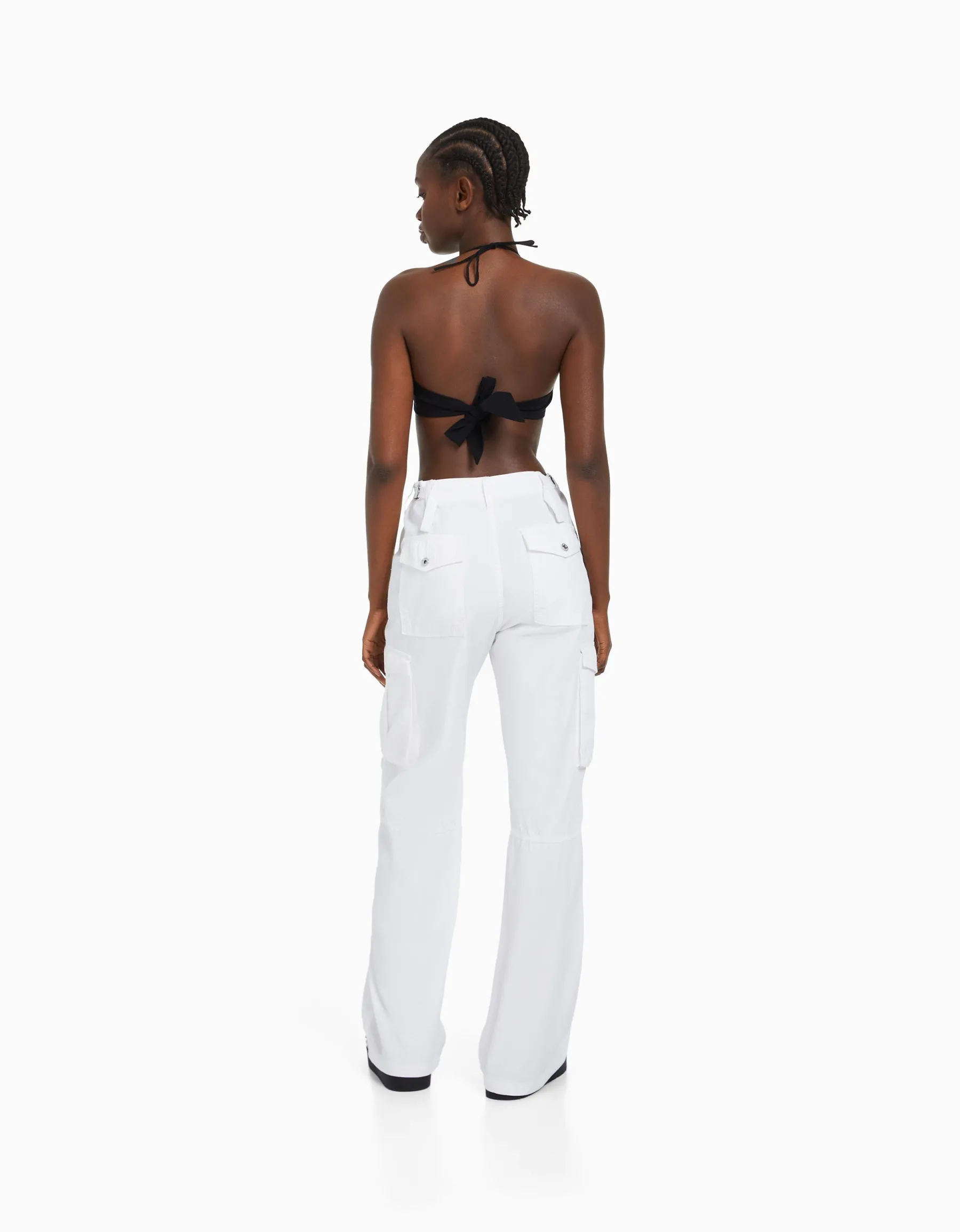 BERSHKA Pantalon straight cargo réglable Blanc Best