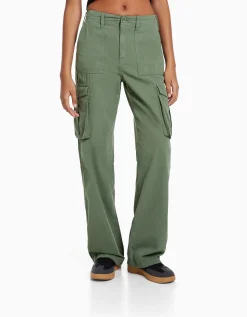 BERSHKA Pantalon straight cargo réglable Kaki Cheap