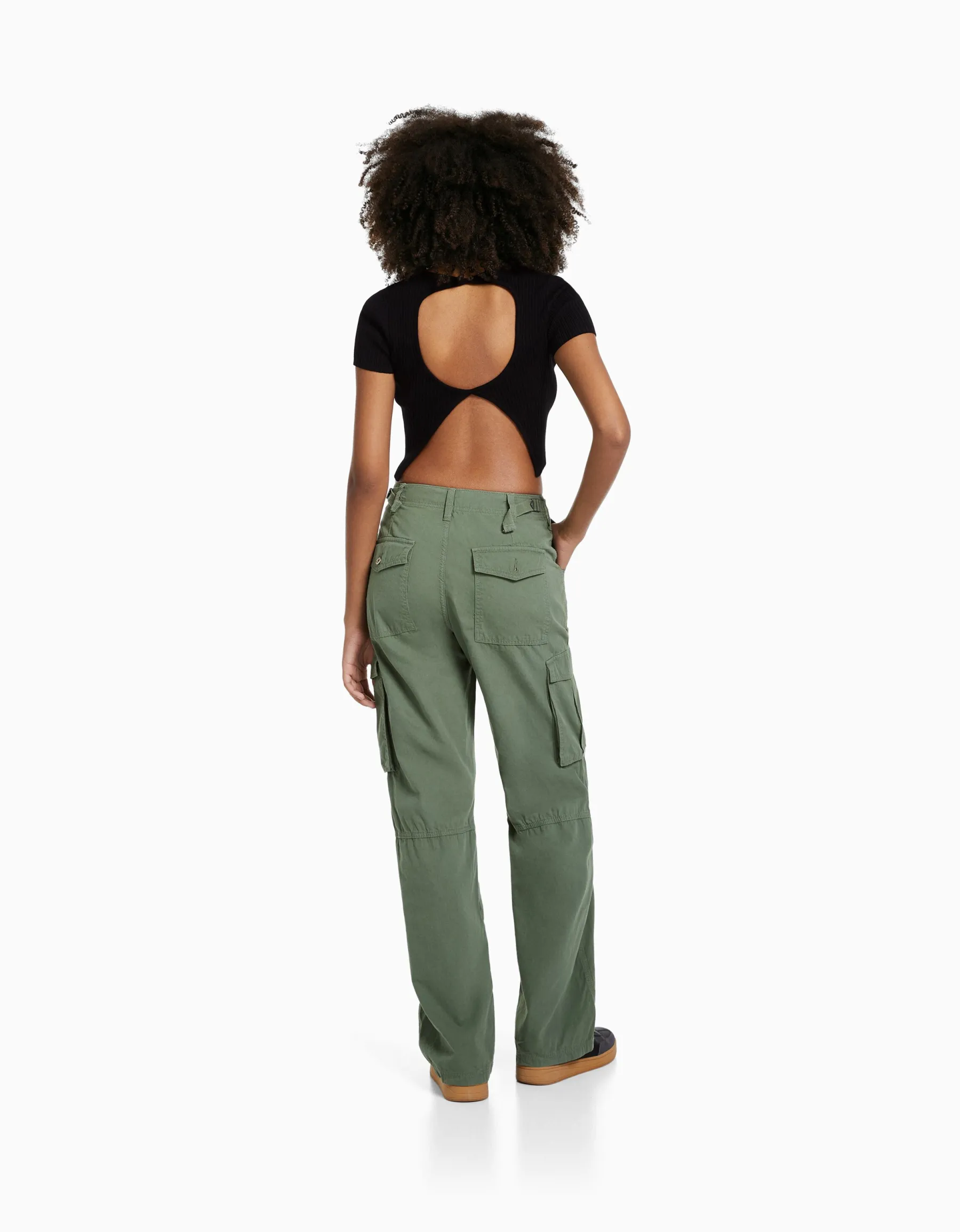 BERSHKA Pantalon straight cargo réglable Kaki Cheap