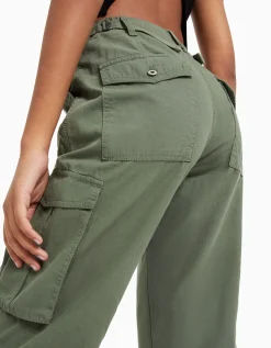 BERSHKA Pantalon straight cargo réglable Kaki Cheap