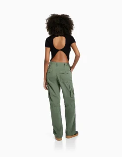 BERSHKA Pantalon straight cargo réglable Kaki Hot