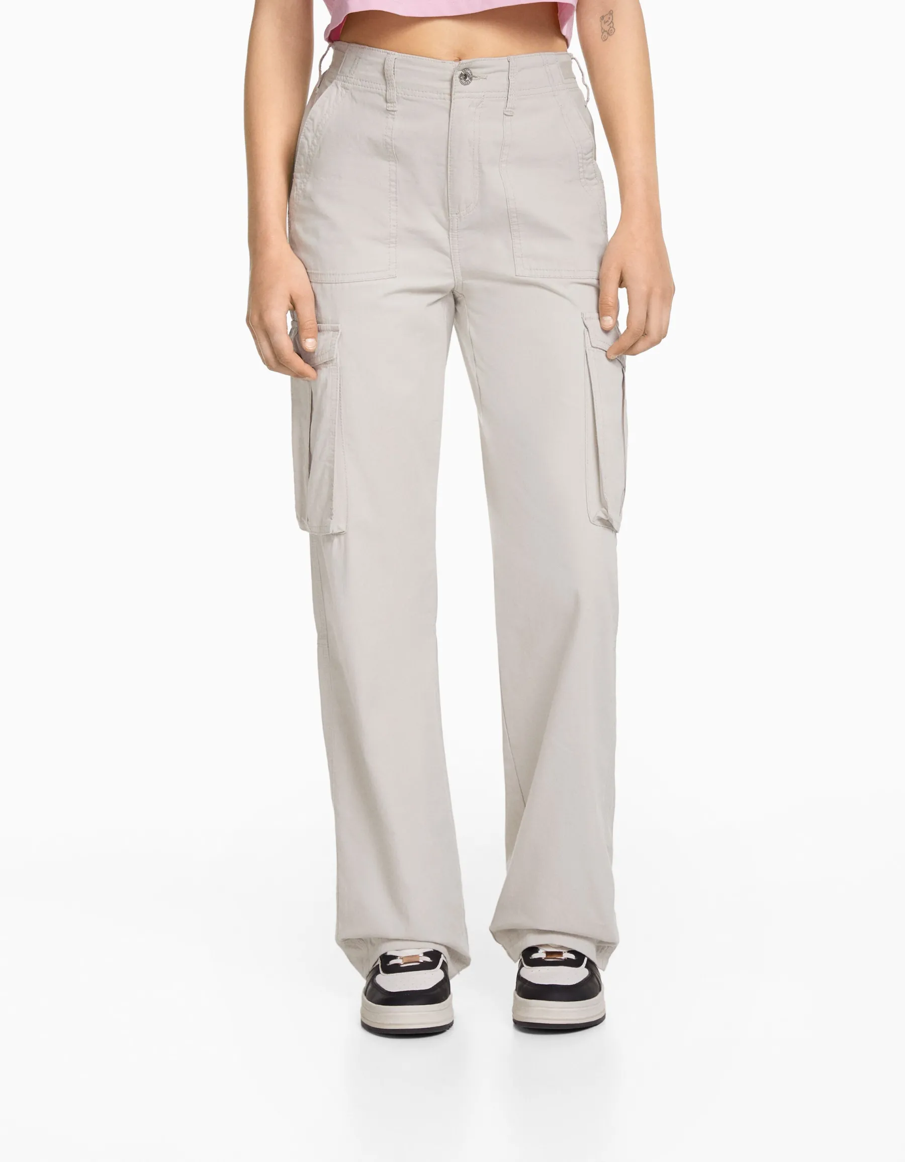 BERSHKA Pantalon straight cargo réglable Gris Store