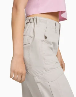 BERSHKA Pantalon straight cargo réglable Gris Store