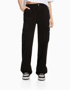BERSHKA Pantalon straight cargo réglable Noir Cheap