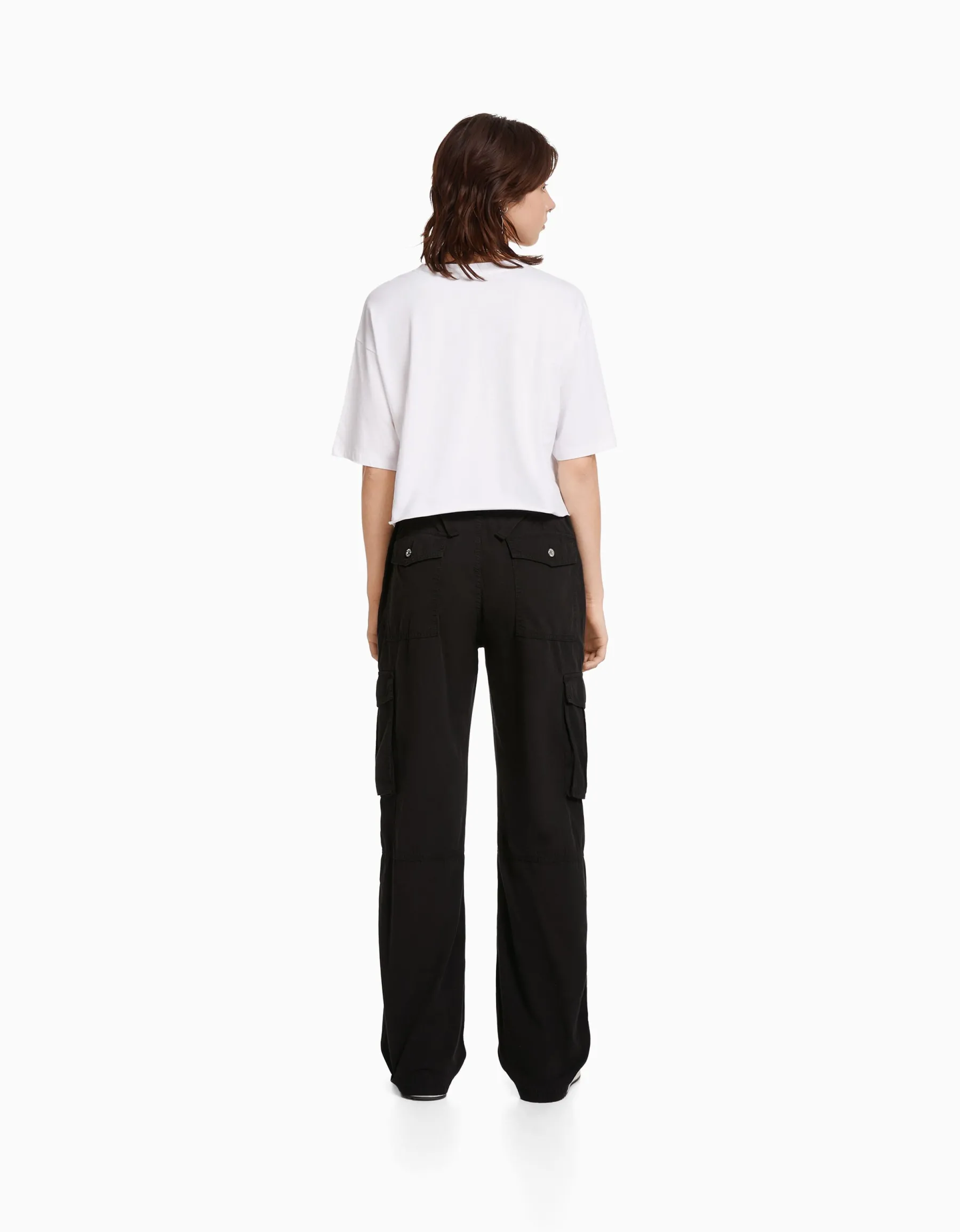 BERSHKA Pantalon straight cargo réglable Noir Cheap