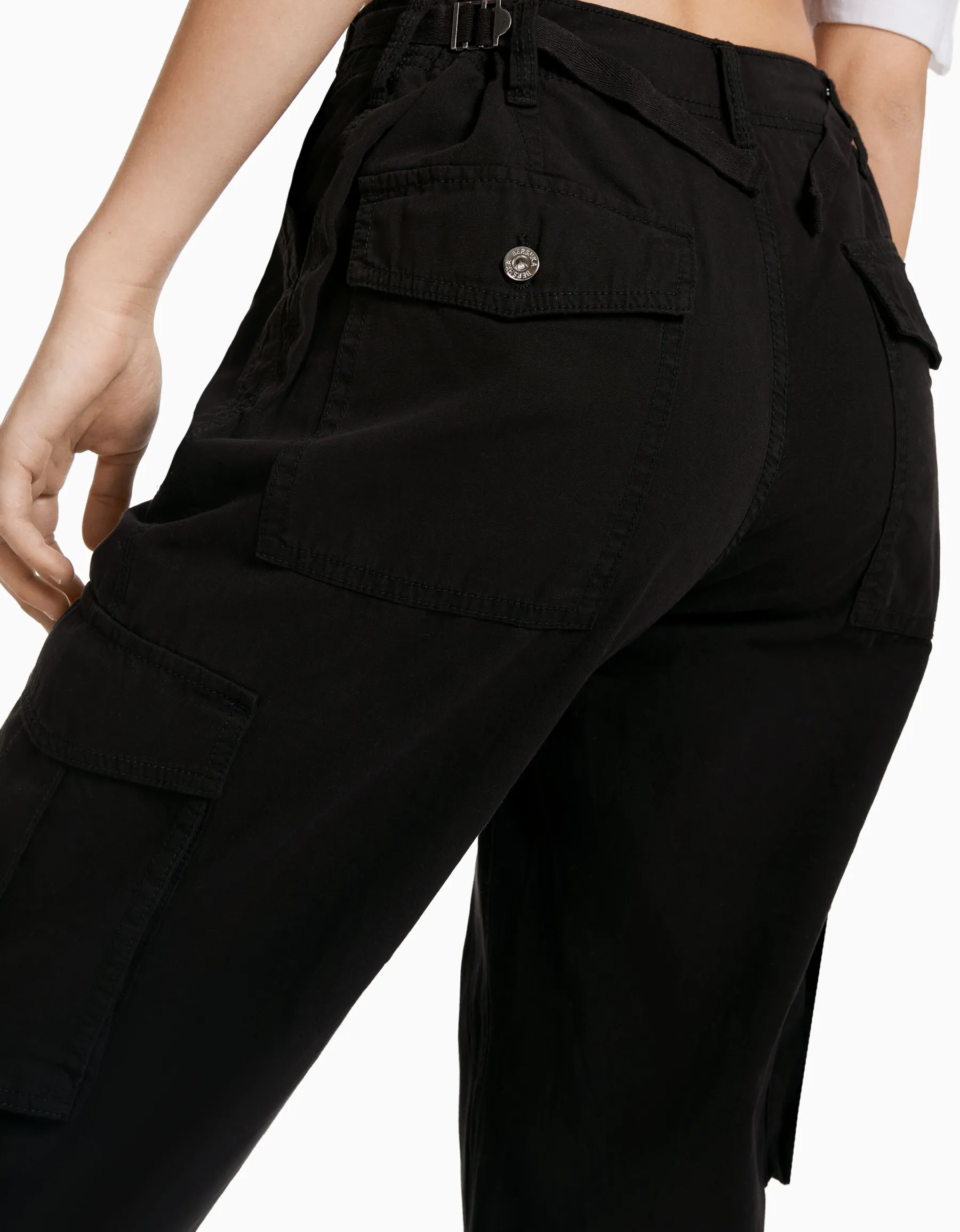 BERSHKA Pantalon straight cargo réglable Noir Cheap