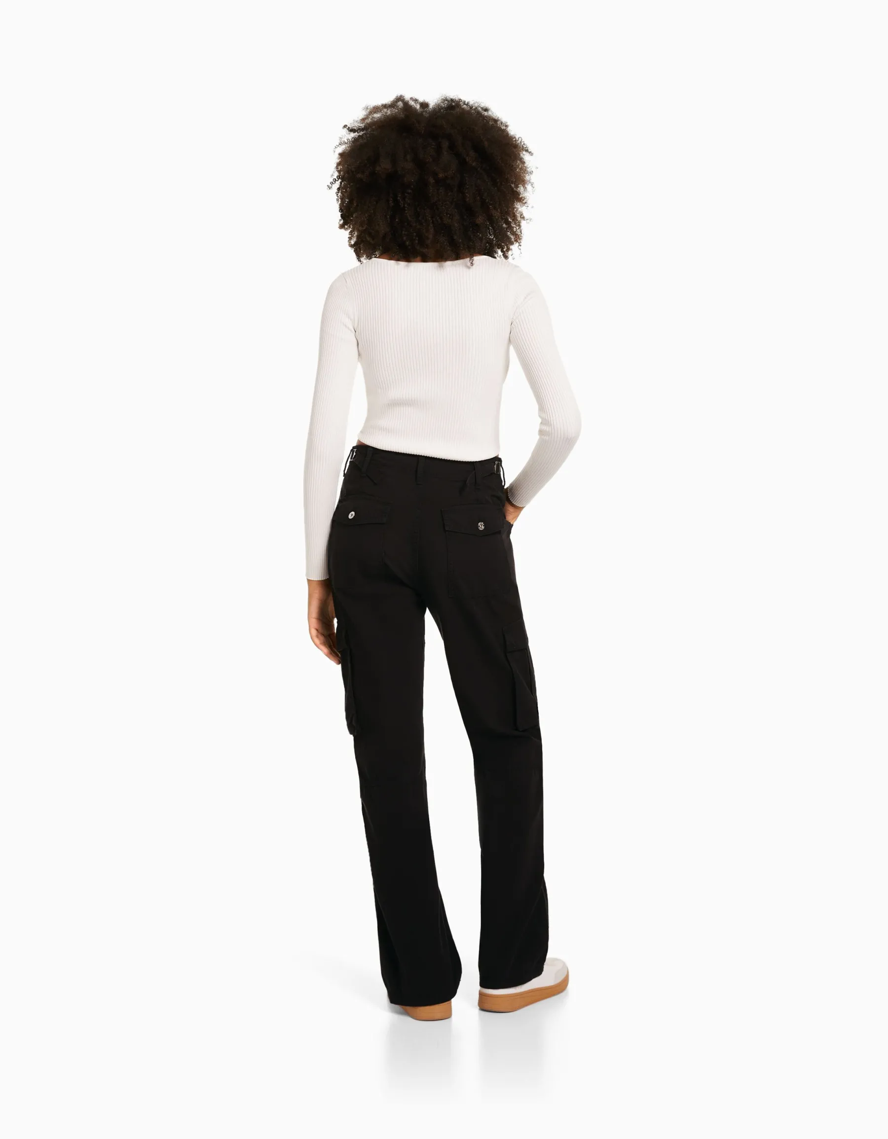 BERSHKA Pantalon straight cargo réglable Noir Best Sale
