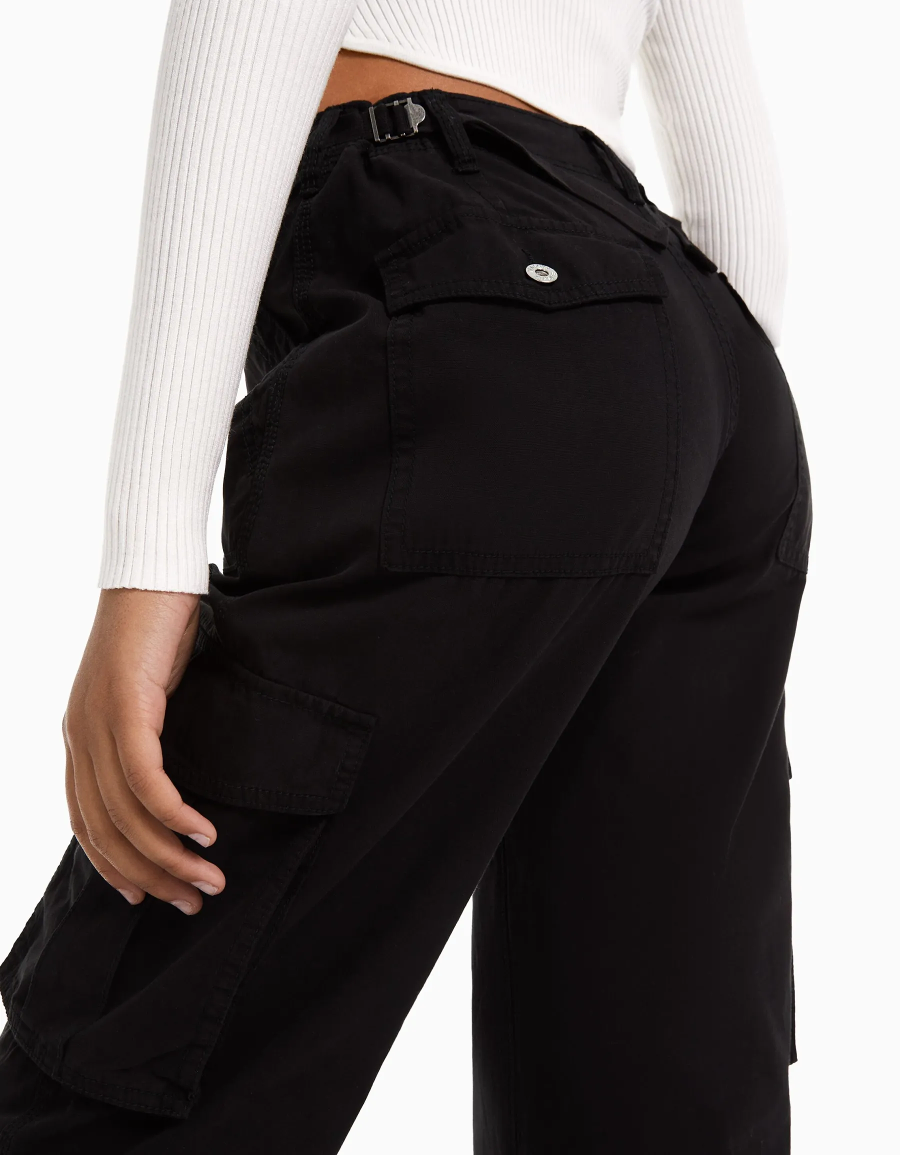 BERSHKA Pantalon straight cargo réglable Noir Best Sale