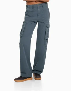 BERSHKA Pantalon straight cargo réglable Bleu Sale