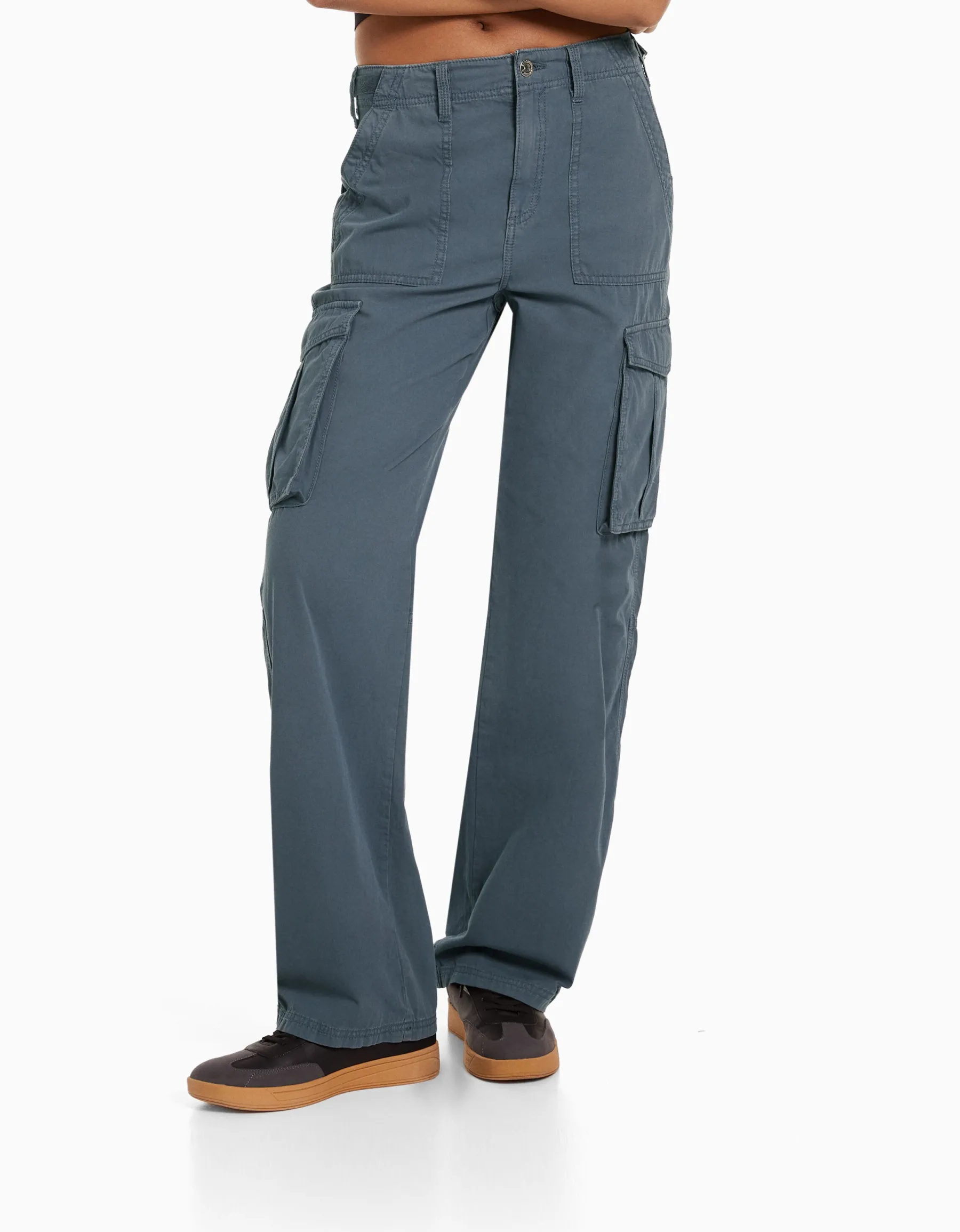 BERSHKA Pantalon straight cargo réglable Bleu Sale