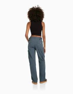 BERSHKA Pantalon straight cargo réglable Bleu Sale