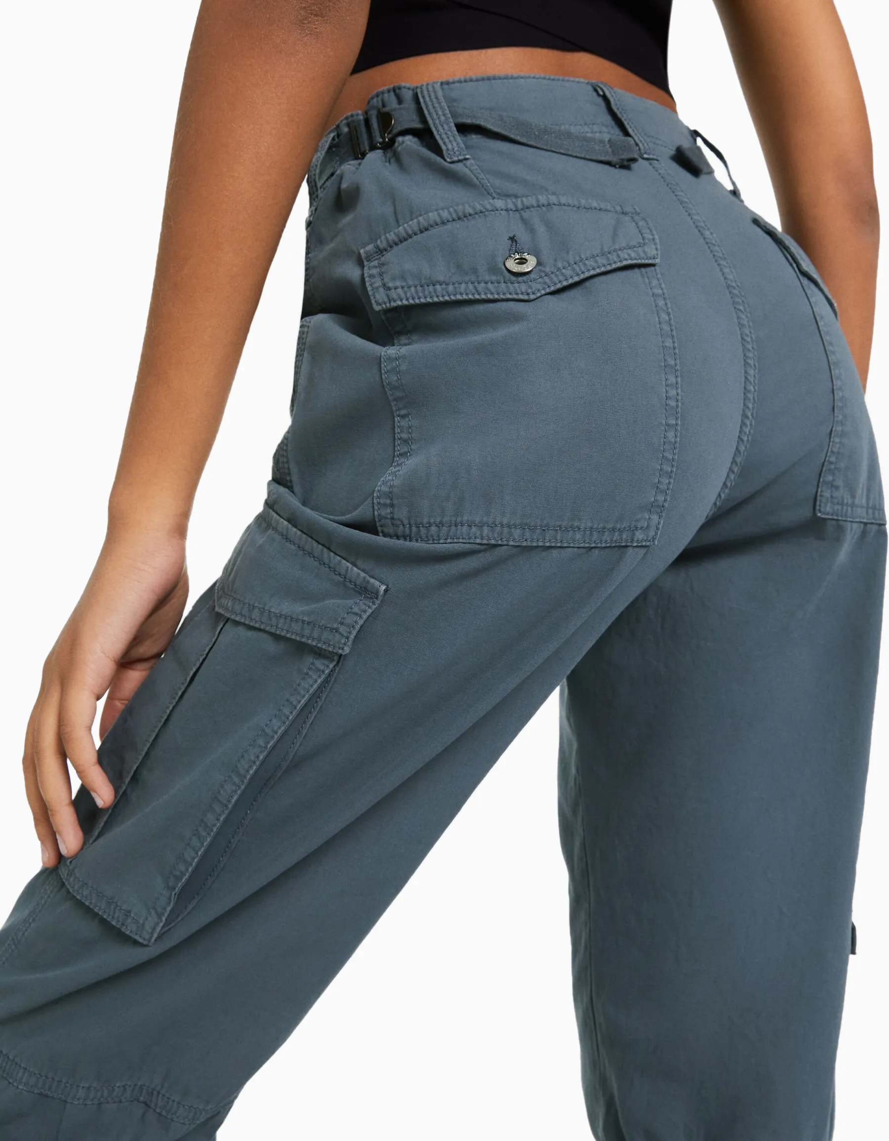 BERSHKA Pantalon straight cargo réglable Bleu Sale