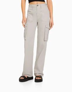 BERSHKA Pantalon straight cargo réglable Gris Clearance