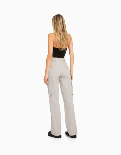 BERSHKA Pantalon straight cargo réglable Gris Clearance