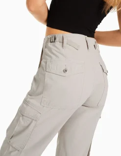 BERSHKA Pantalon straight cargo réglable Gris Clearance