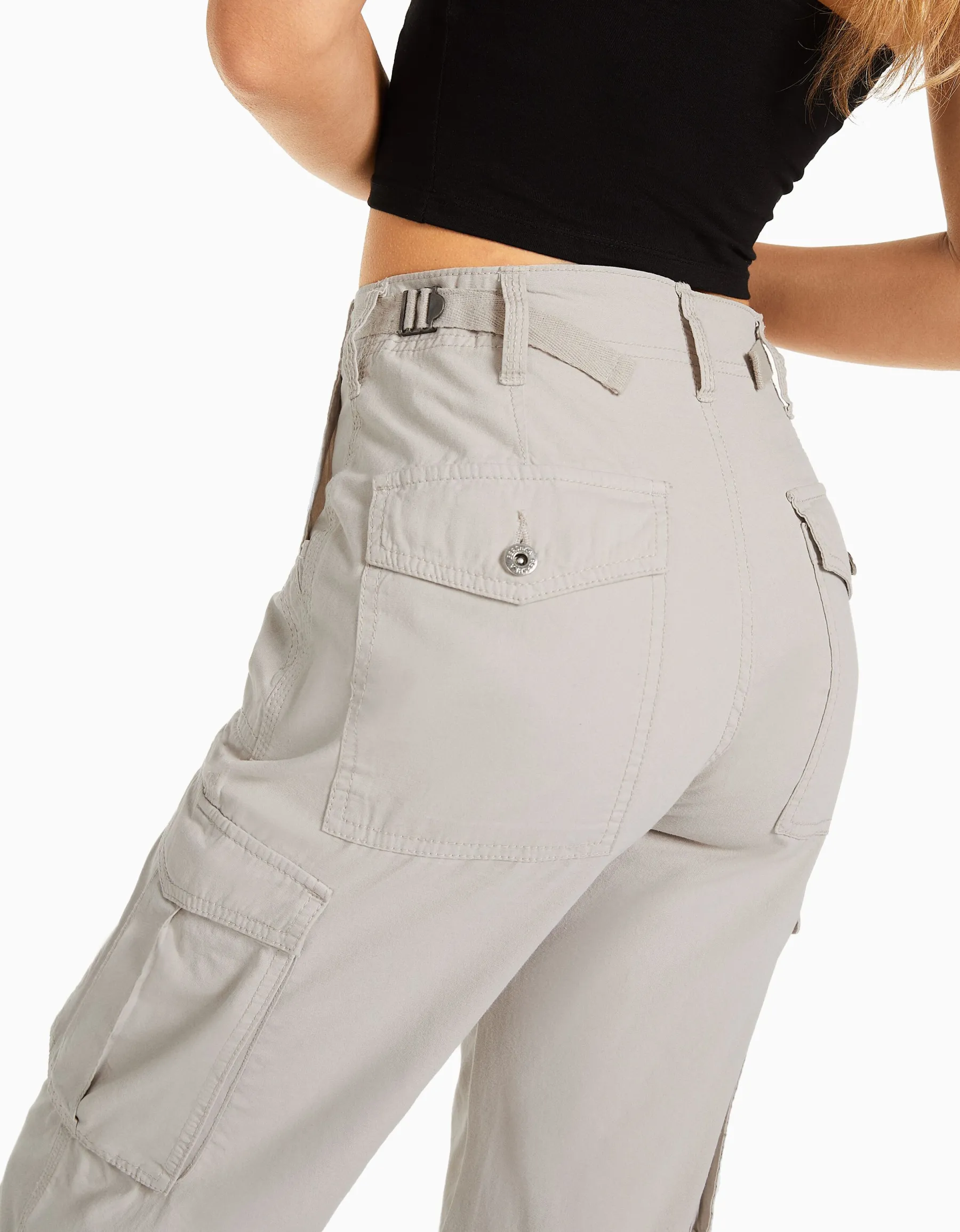 BERSHKA Pantalon straight cargo réglable Gris Clearance