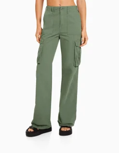BERSHKA Pantalon straight cargo réglable Kaki Sale