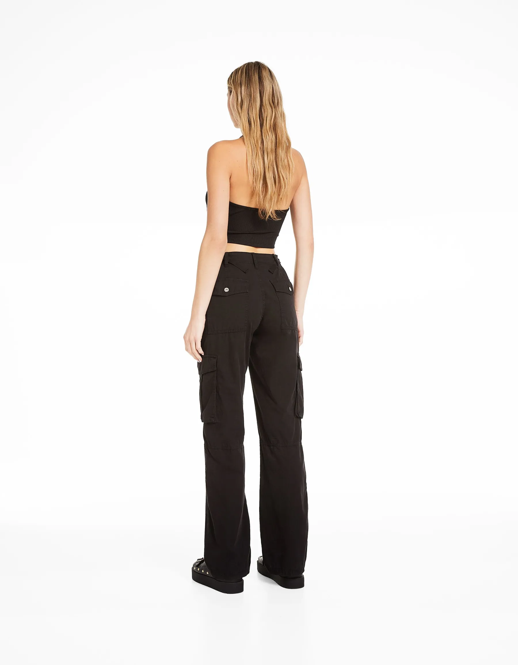 BERSHKA Pantalon straight cargo réglable Noir Best