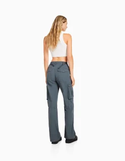 BERSHKA Pantalon straight cargo réglable Bleu Sale