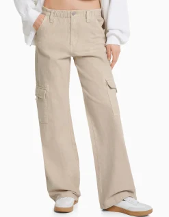BERSHKA Pantalon straight cargo sergé taille élastique Bleu clair Sale