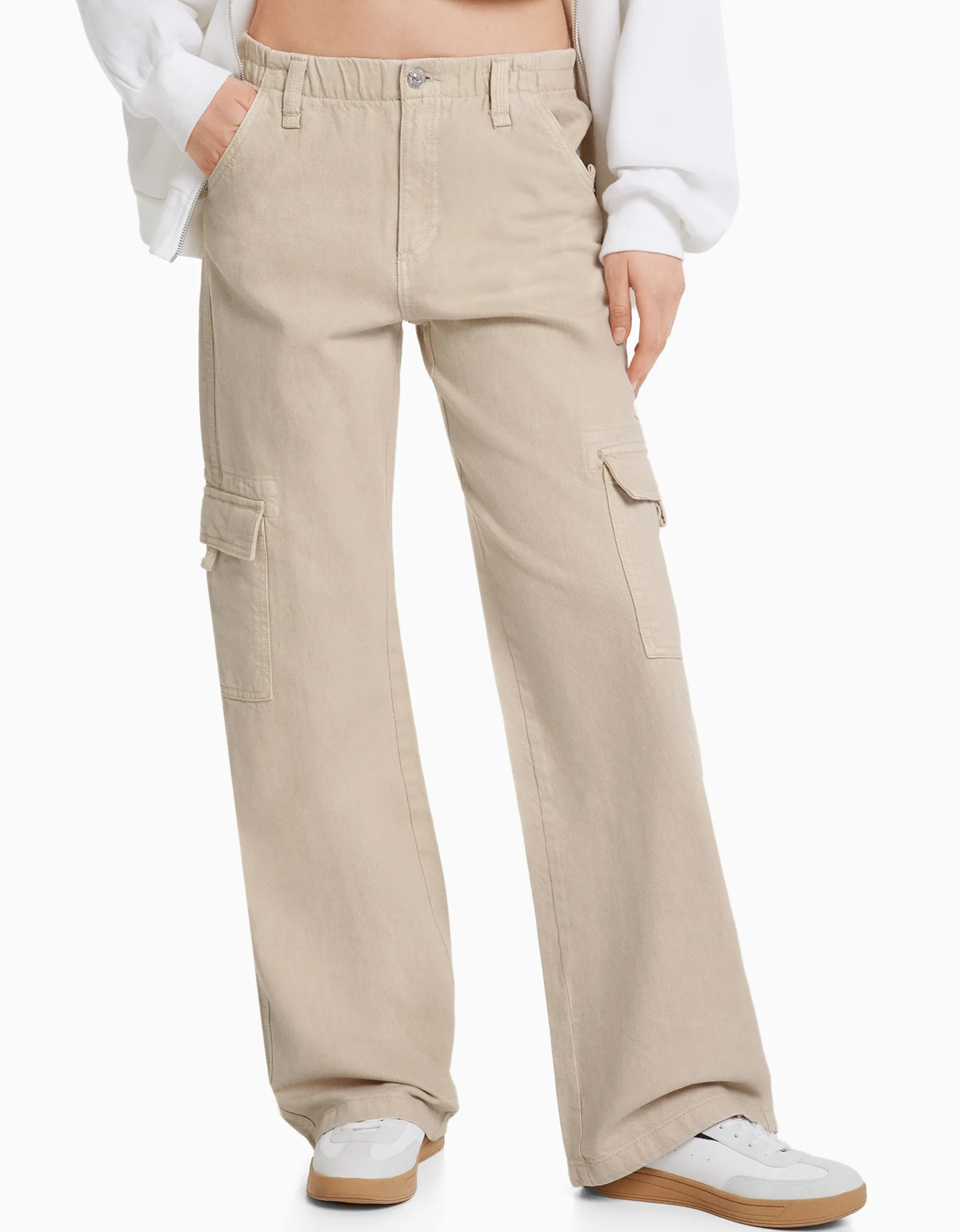 BERSHKA Pantalon straight cargo sergé taille élastique Bleu clair Sale