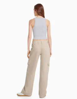 BERSHKA Pantalon straight cargo sergé taille élastique Bleu clair Sale