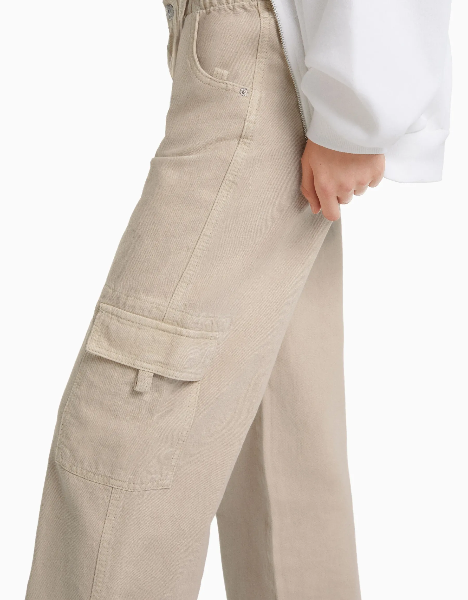 BERSHKA Pantalon straight cargo sergé taille élastique Bleu clair Sale