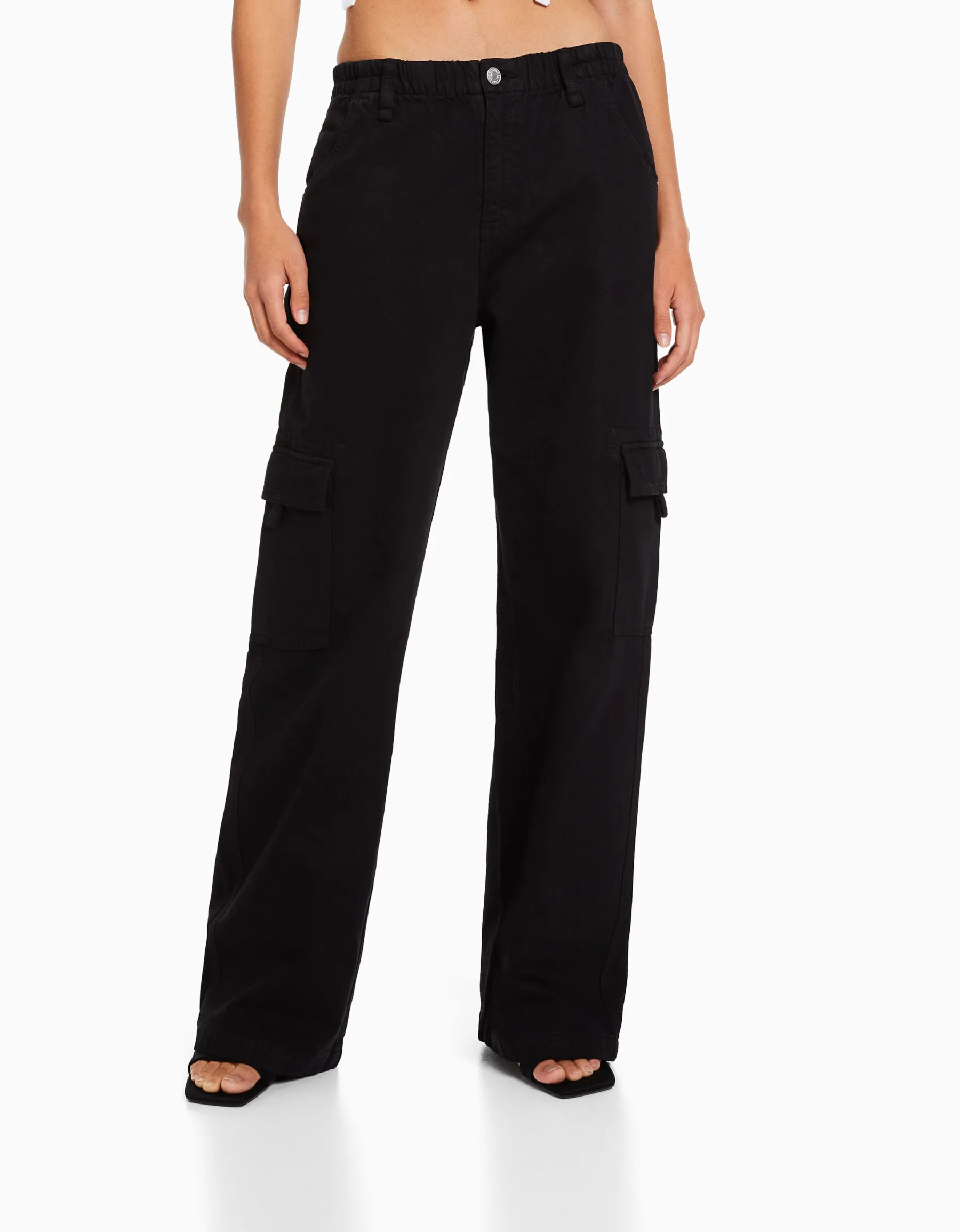 BERSHKA Pantalon straight cargo sergé taille élastique Noir Shop