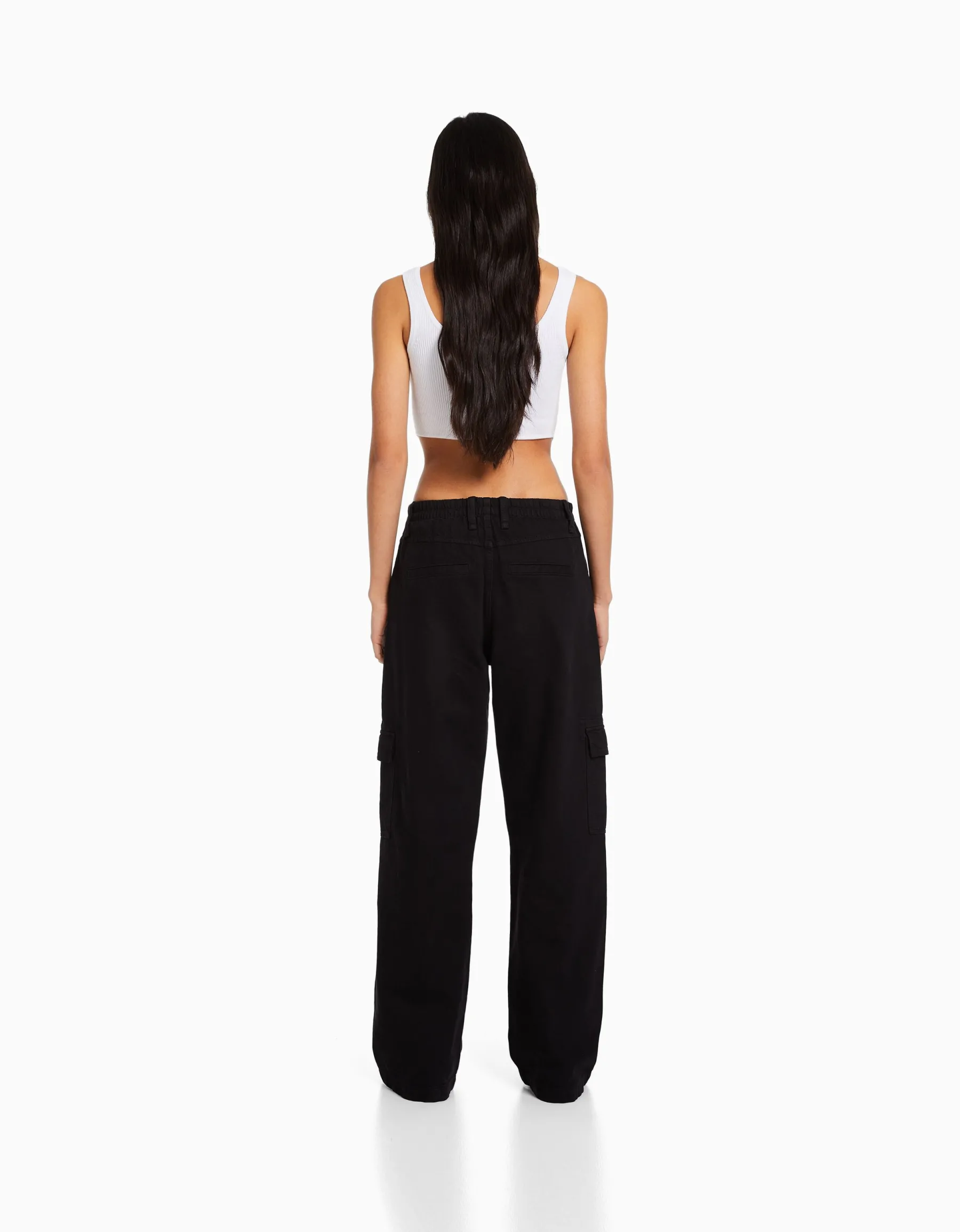 BERSHKA Pantalon straight cargo sergé taille élastique Noir Shop