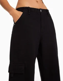BERSHKA Pantalon straight cargo sergé taille élastique Noir Shop