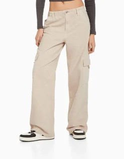 BERSHKA Pantalon straight cargo sergé taille élastique Bleu clair Best Sale